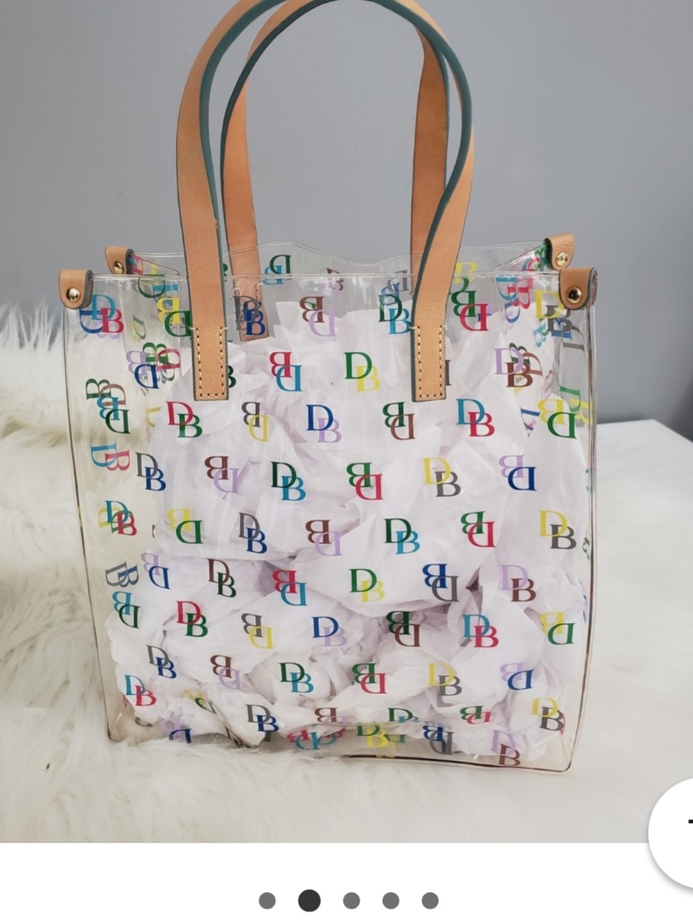 Dooney & Bourke Clear Tote with Multicolor DB Logo and Tan Handles